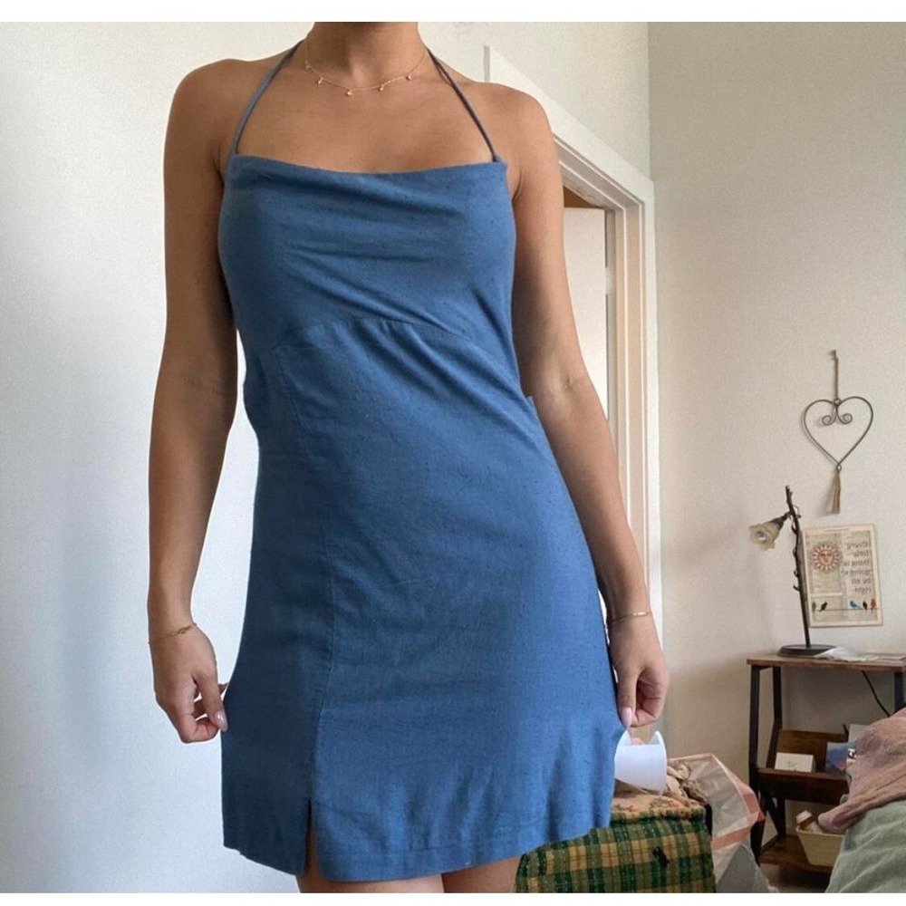 Free People Blue Chambray Denim Mini Dress Sleeveless with Tassel Size L